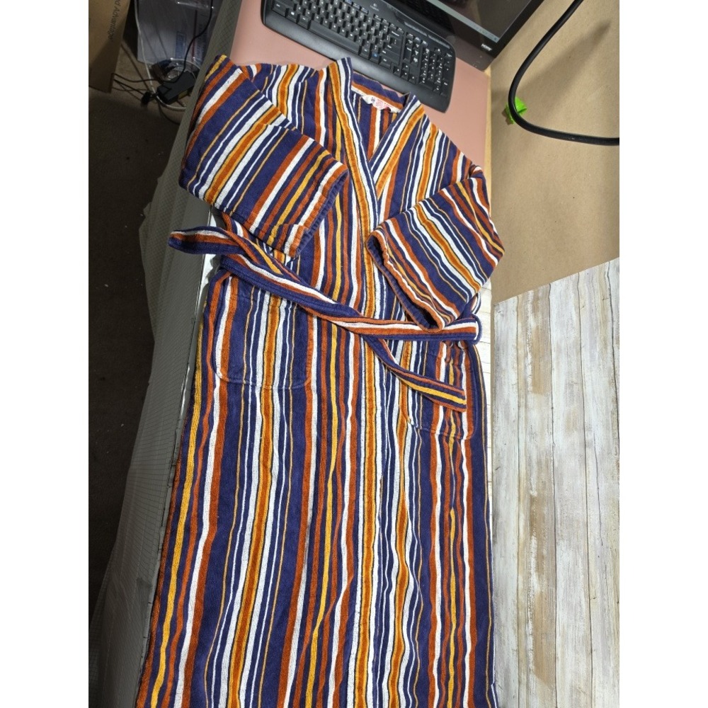 Vintage Striped Terry Cloth Robe Cotton Navy Orange Yellow White‎ Made in Brazil